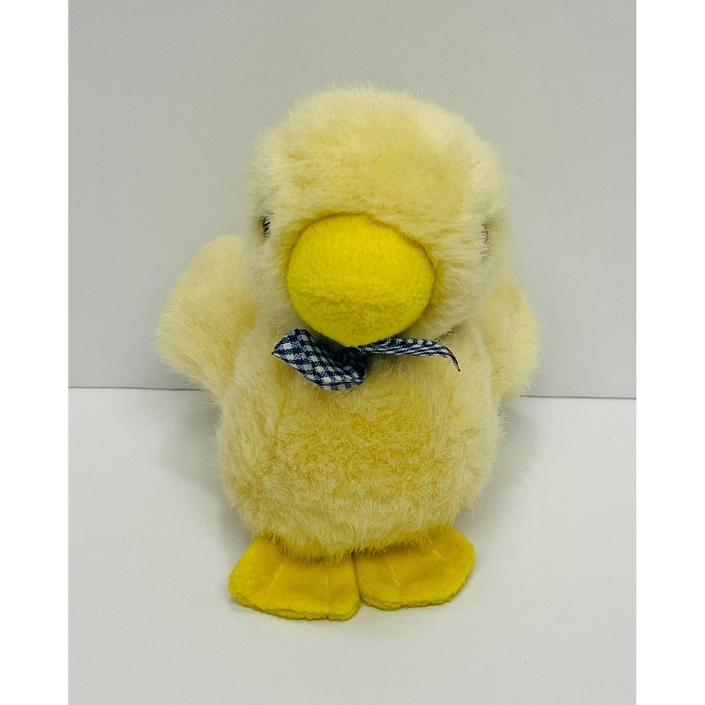 Vintage Heunec Yellow Duck 6" Blue Gingham Bow German Stuffed Animal Plush Toy